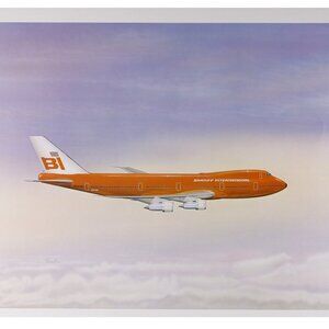 Bright Red Braniff International plane travel poster 16x20" on pastel sky,